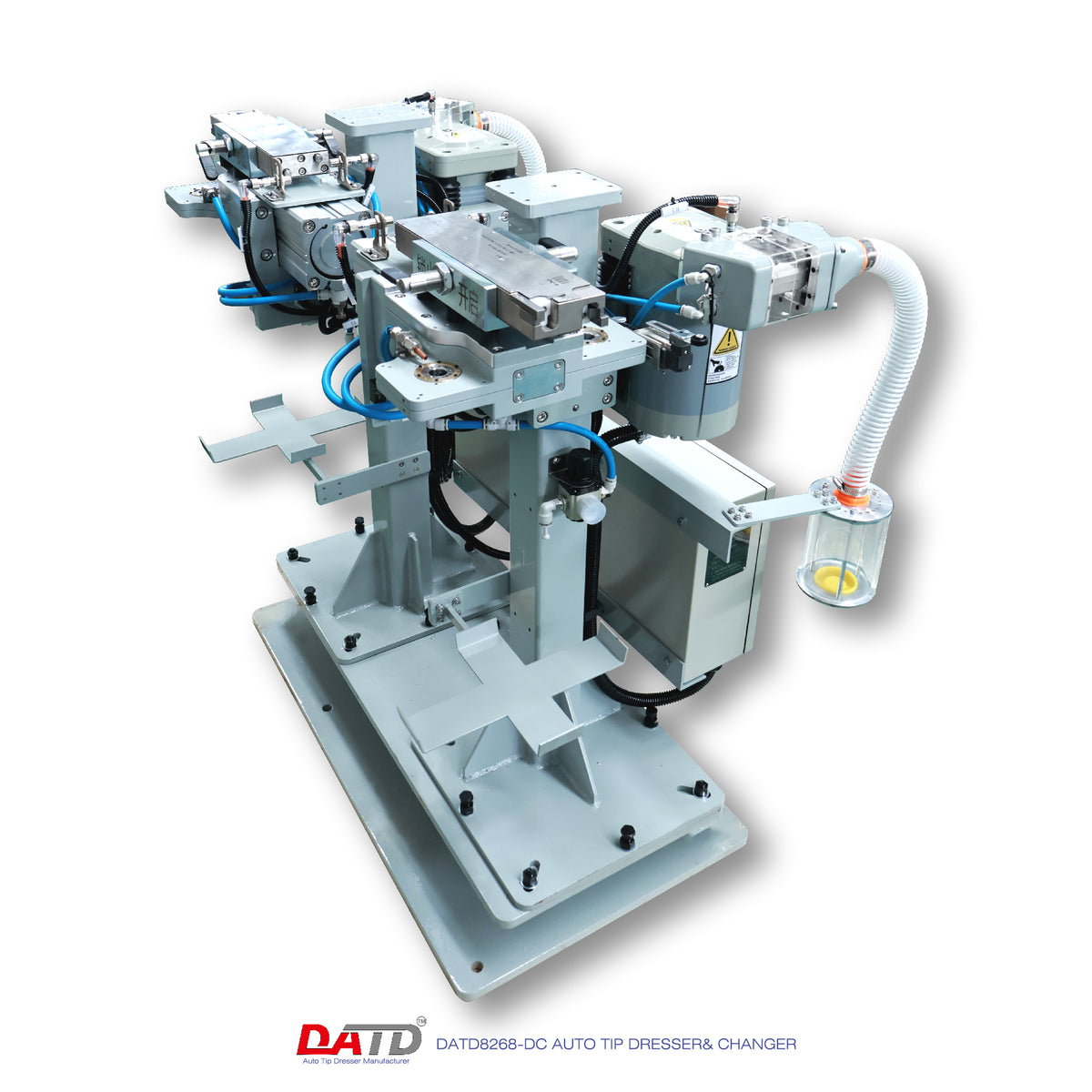 A DATD828-DC Auto Tip Dressing Changer machine by DATD, featuring a gray and silver industrial design with blue hydraulic lines, a flexible white hose, and a transparent liquid reservoir, shown on a white background with a DATD logo at the bottom.